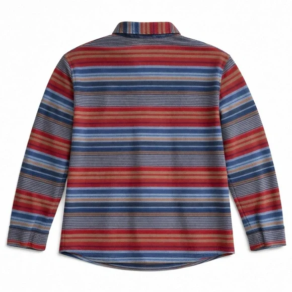 Eddie Bauer Fleece Button Down Shirt Jacket Outdoor Cozy Striped Blue Red Tan XL - Picture 3 of 8